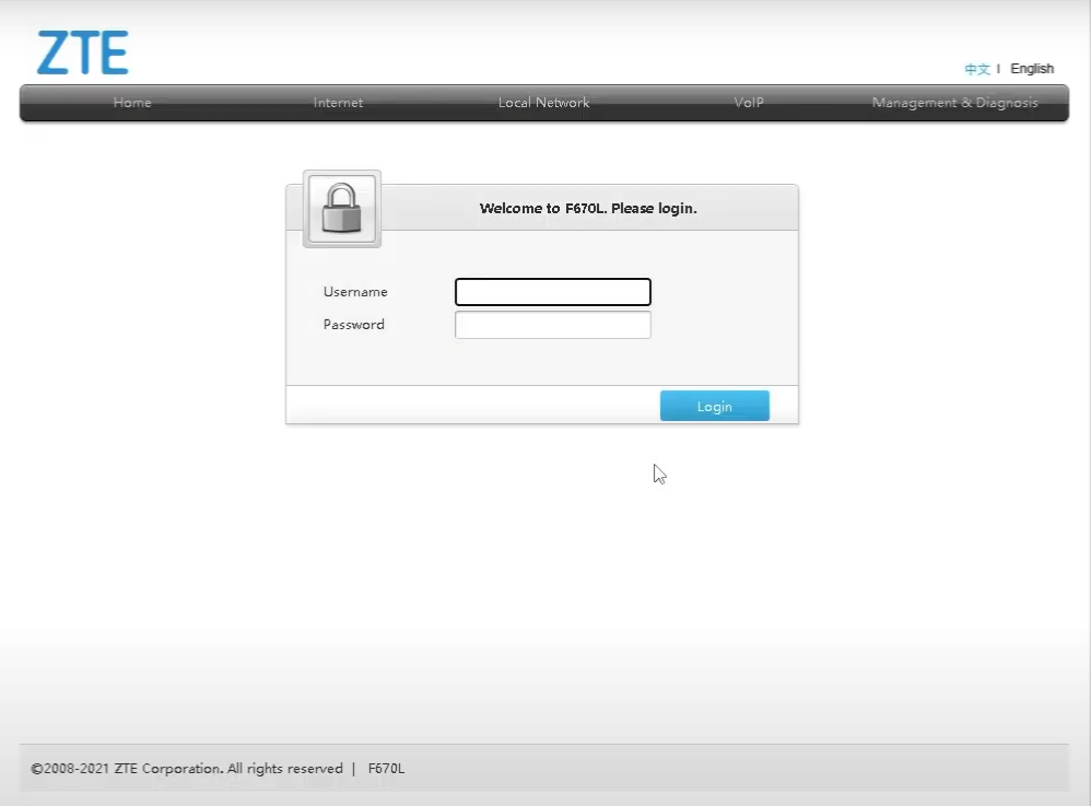 ZTE login page